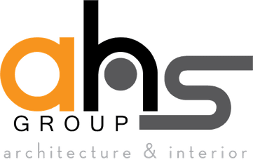 Logo of AHS Group featuring stylized lowercase letters "ahs" in orange, black, and gray, with the text "GROUP" below and "architecture & interior" at the bottom.